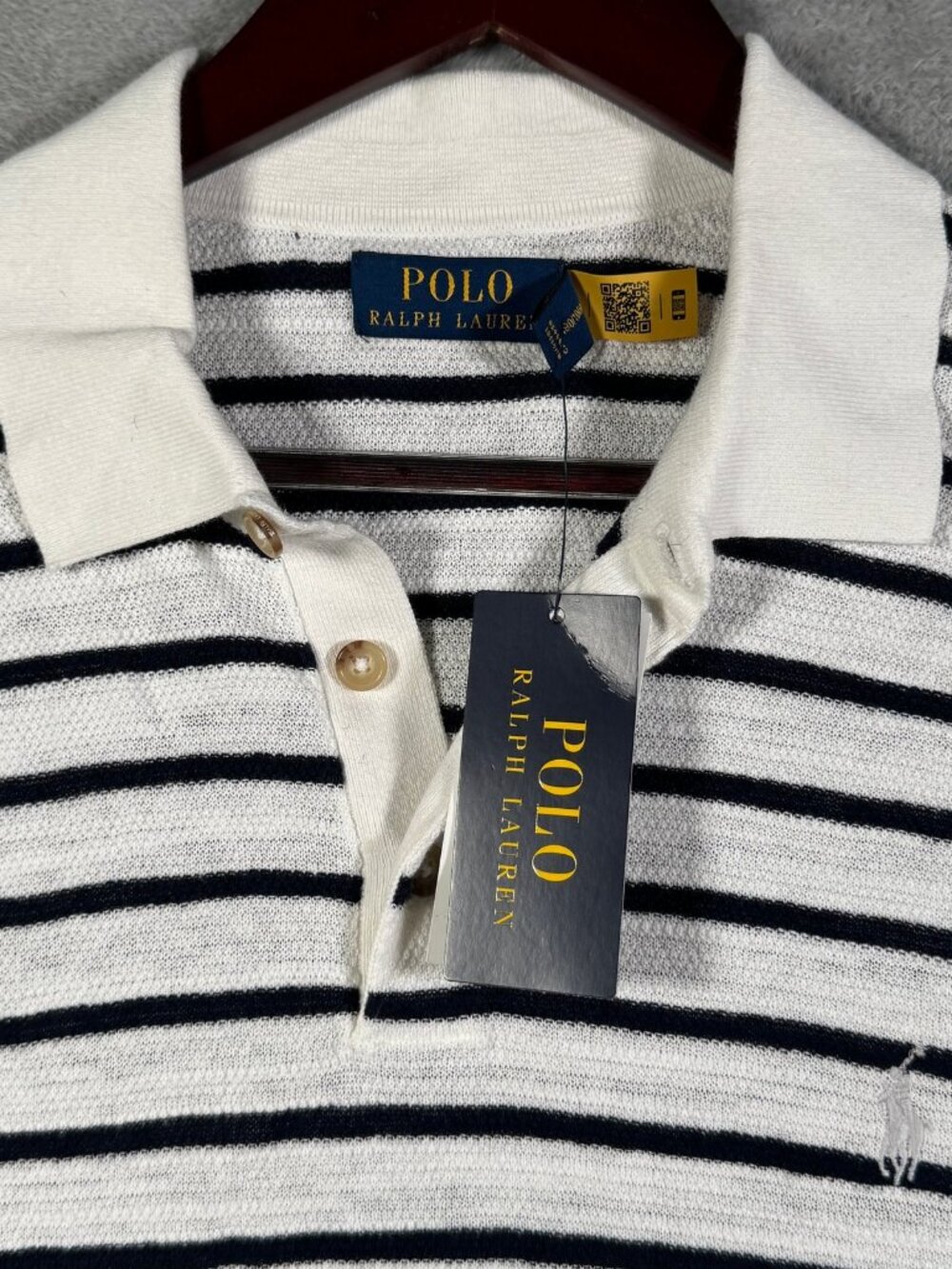 Polo Ralph Lauren Shirt Mens L Navy Striped Sweater Linen Short Sleeve $145